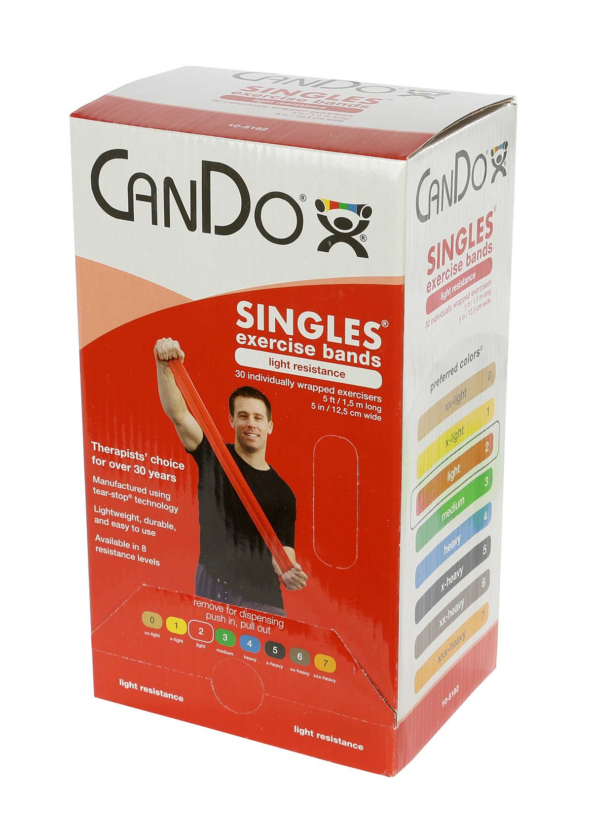 CanDo® Low Powder Latex Pre-Cut Exercise Bands - 5’ Singles - 30 Piece Dispenser